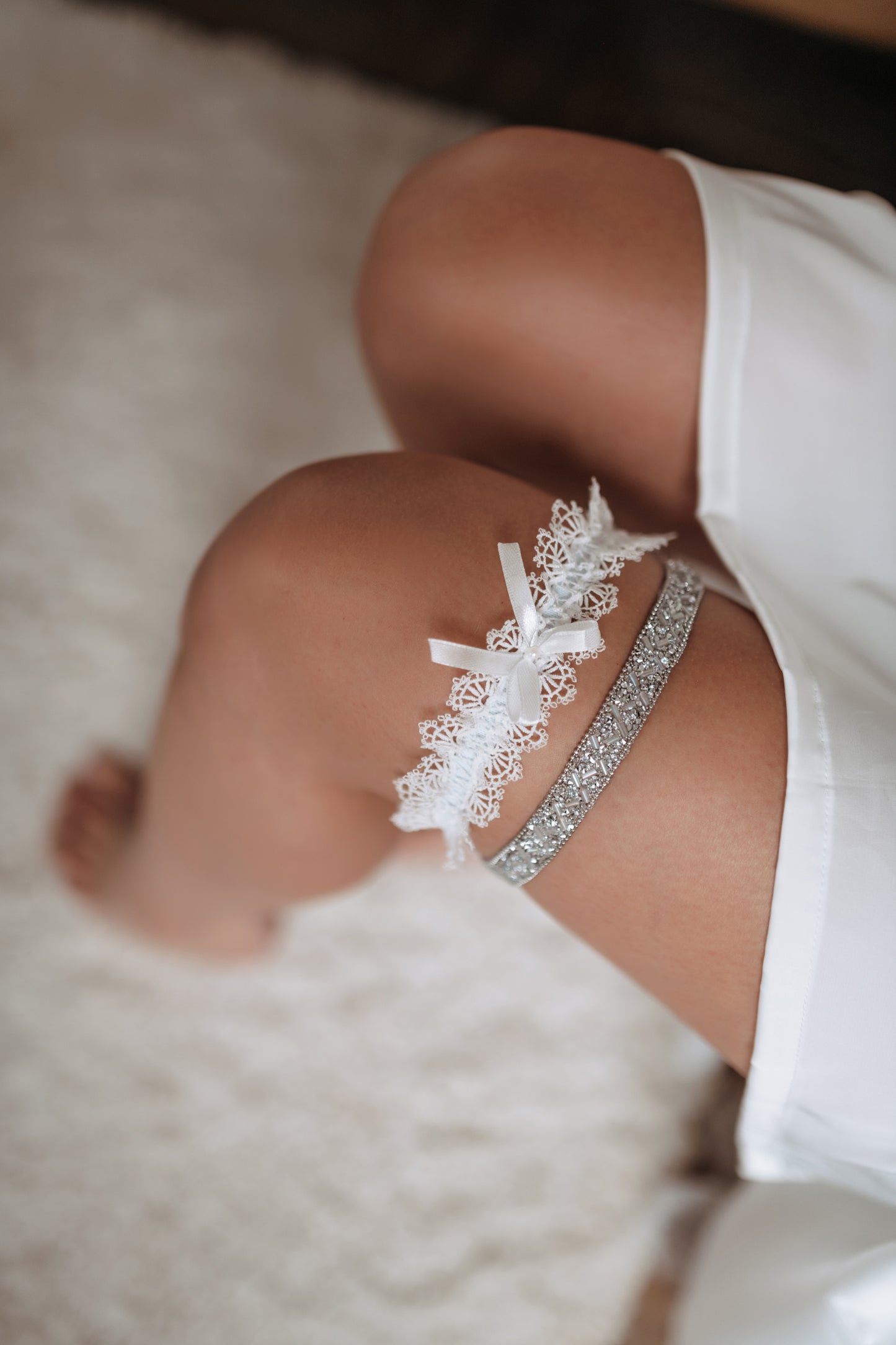 Silver crystal wedding garter, Beaded embroidery garter